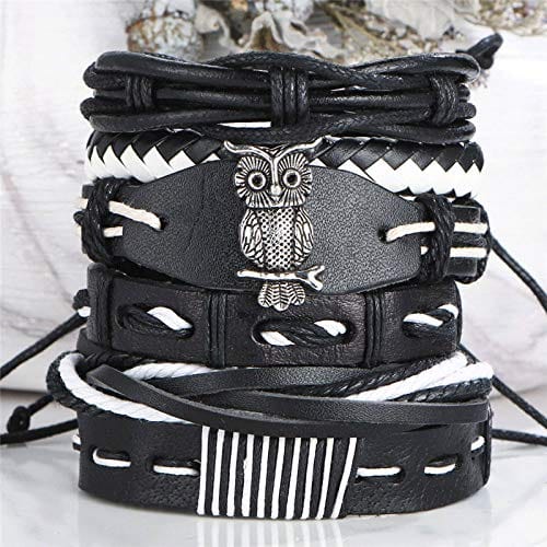 THE MEN THING Leather Bracelet SHADOW OWL CUFF   -  6 Pcs Genuine Braided Leather Bracelet Set for Men & Boys (8 inch)
