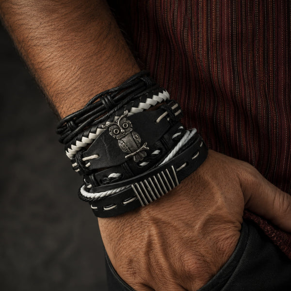 SHADOW OWL CUFF -  6 Pcs Genuine Braided Leather Bracelet Set for Men & Boys (8 inch)