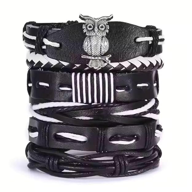 THE MEN THING Leather Bracelet SHADOW OWL CUFF 6 Pcs Genuine Leather Adjustable Bracelet Set for Men & Boys (8 inch)