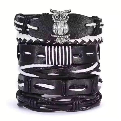 THE MEN THING Leather Bracelet SHADOW OWL CUFF 6 Pcs Genuine Leather Adjustable Bracelet Set for Men & Boys (8 inch)