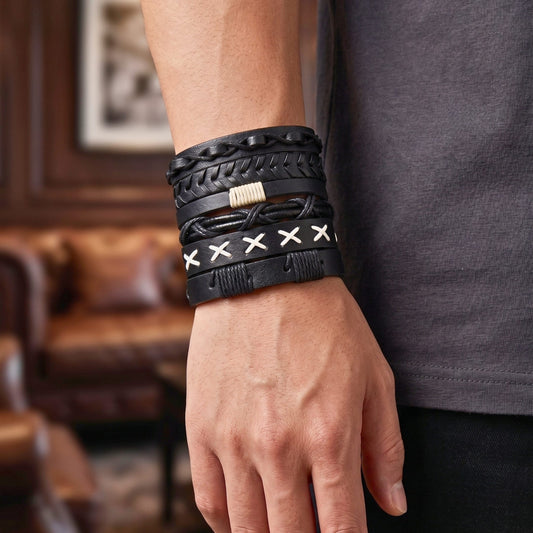 THE MEN THING Leather Bracelet SHADOW STACK - 6 Pcs Genuine Leather Adjustable Bracelet for Men & Boys