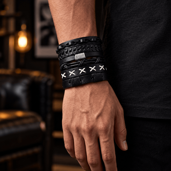 SHADOW STACK - 6 Pcs Genuine Leather Adjustable Bracelet for Men & Boys
