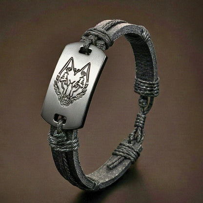THE MEN THING Leather Bracelet SHADOW WOLF -  22mm Genuine Leather Bracelet for Men & Boys (Adjustable)