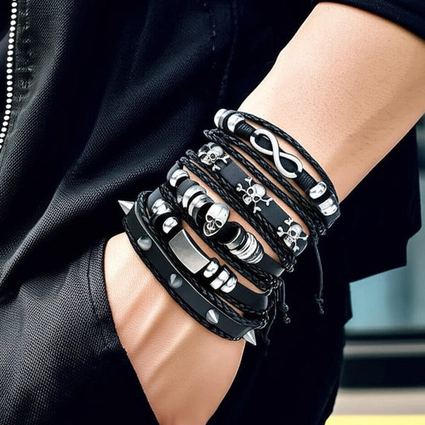 SHADOWFANG -  5 Pcs Genuine Braided Leather Bracelet Set for Men & Boys (8 inch)