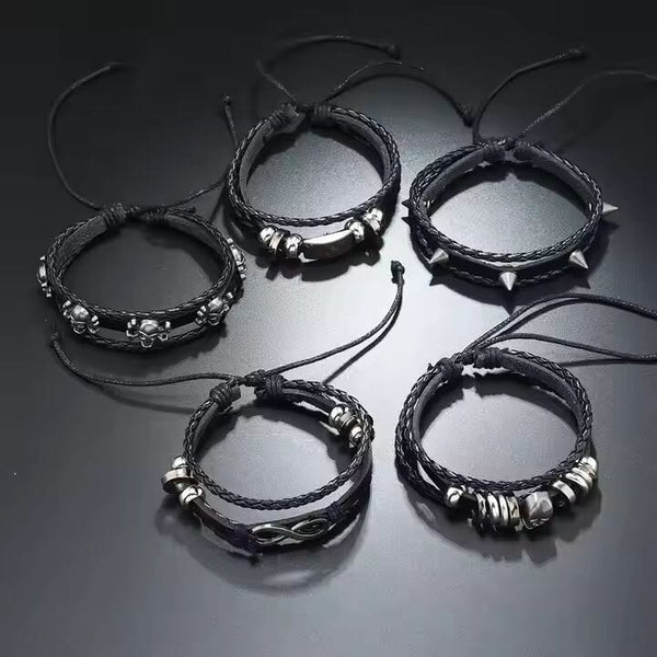 SHADOWFANG -  5 Pcs Genuine Braided Leather Bracelet Set for Men & Boys (8 inch)