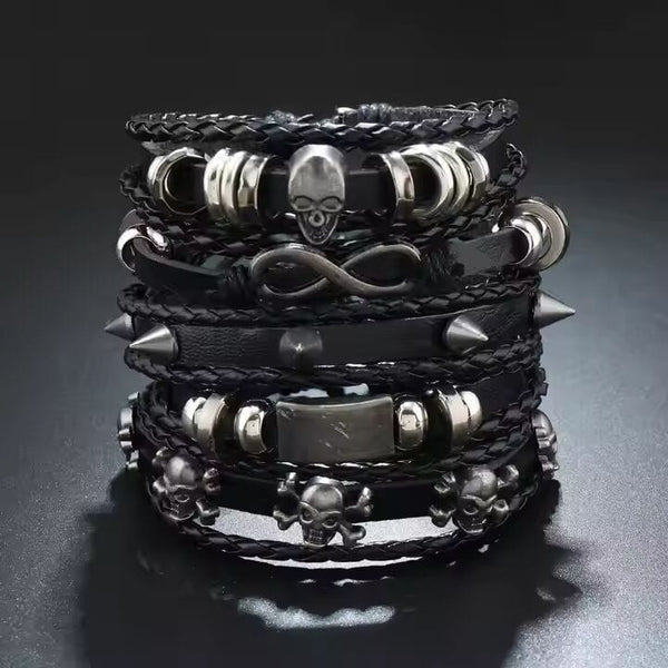 SHADOWFANG -  5 Pcs Genuine Braided Leather Bracelet Set for Men & Boys (8 inch)