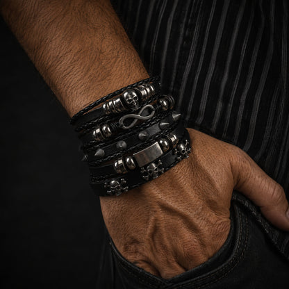 THE MEN THING Leather Bracelet SHADOWFANG -  5 Pcs Genuine Braided Leather Bracelet Set for Men & Boys (8 inch)