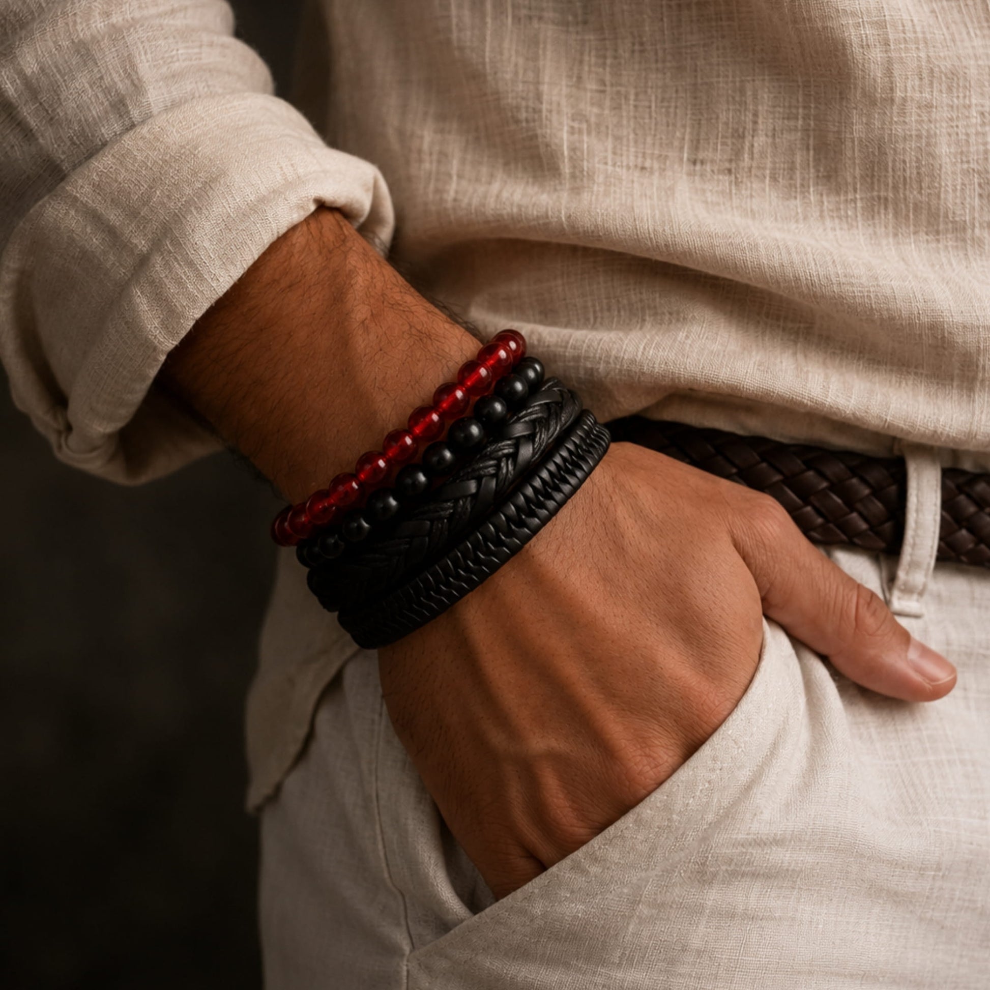 THE MEN THING Leather Bracelet SHADOWFORGE BRACELET - 4 Pcs Genuine Braided Leather Bracelet Set for Men & Boys (8 inch)