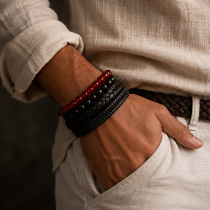 THE MEN THING Leather Bracelet SHADOWFORGE BRACELET - 4 Pcs Genuine Braided Leather Bracelet Set for Men & Boys (8 inch)
