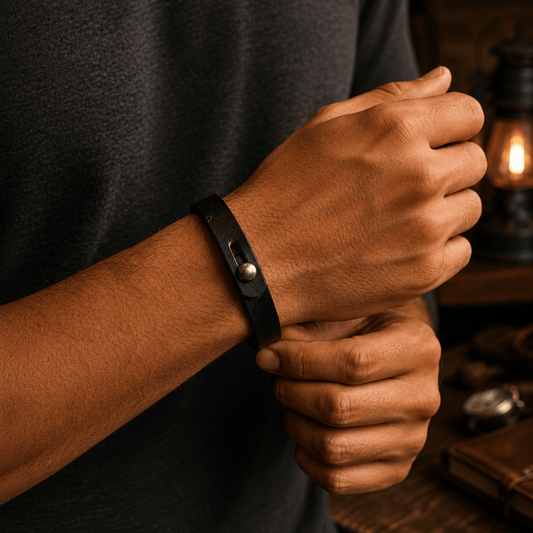 THE MEN THING Leather Bracelet SILENT ROGUE STRAP - 12mm Genuine Leather Bracelet with Stainless Steel  Stud button Closure for Men & Boys (8 inch)