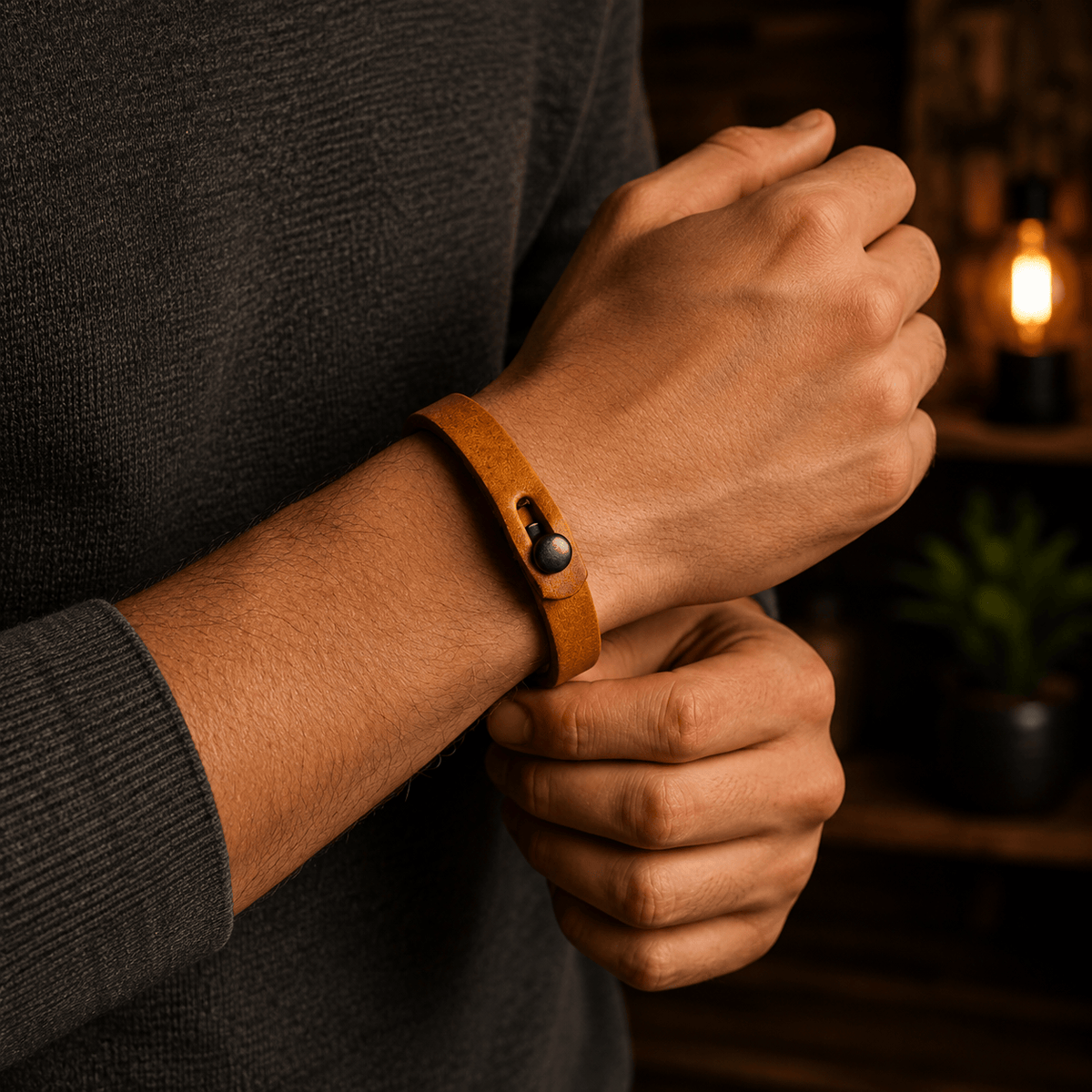 THE MEN THING Leather Bracelet SILENT ROGUE STRAP - Camel Brown 12mm Genuine Leather Bracelet with Stainless Steel  Stud button Closure for Men & Boys (8 inch)