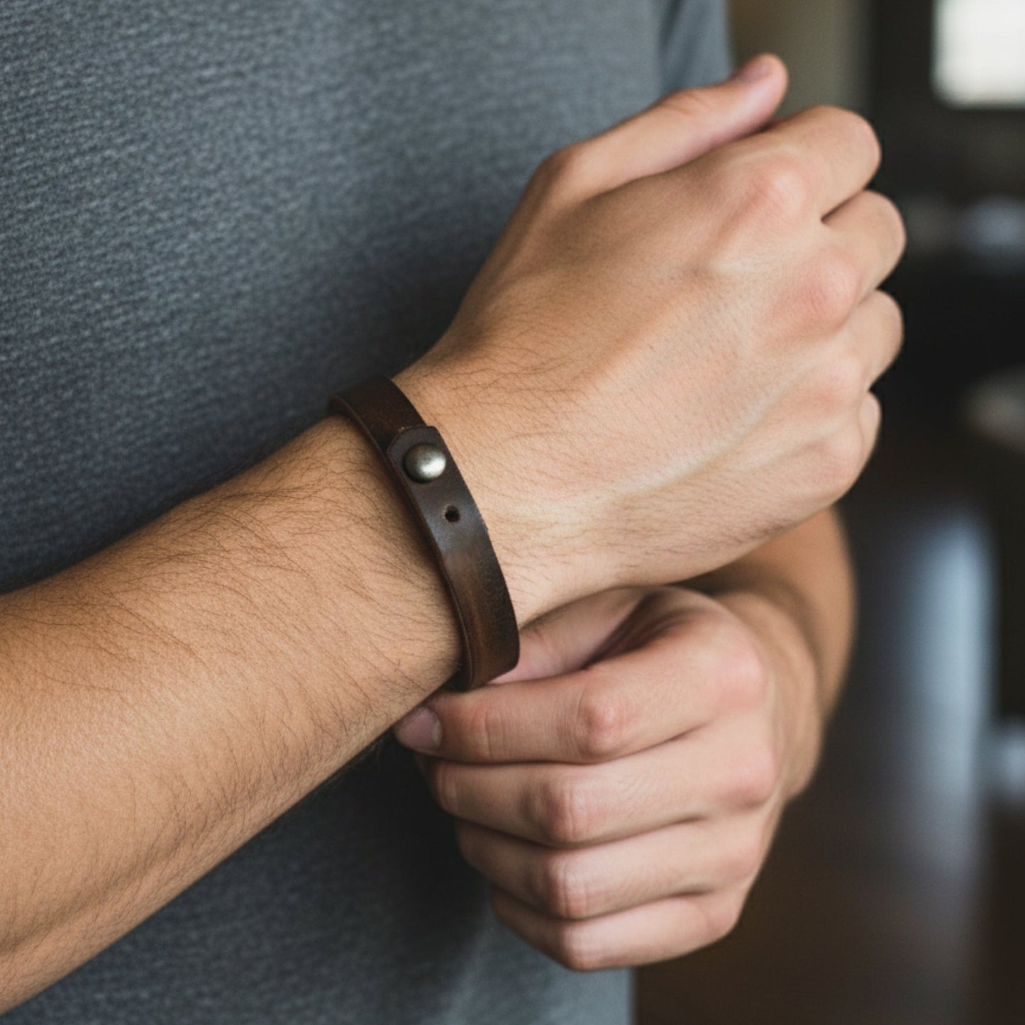 THE MEN THING Leather Bracelet SILENT ROGUE STRAP - Dark Brown 12mm Genuine Leather Bracelet with Stainless Steel  Stud button Closure for Men & Boys (8 inch)