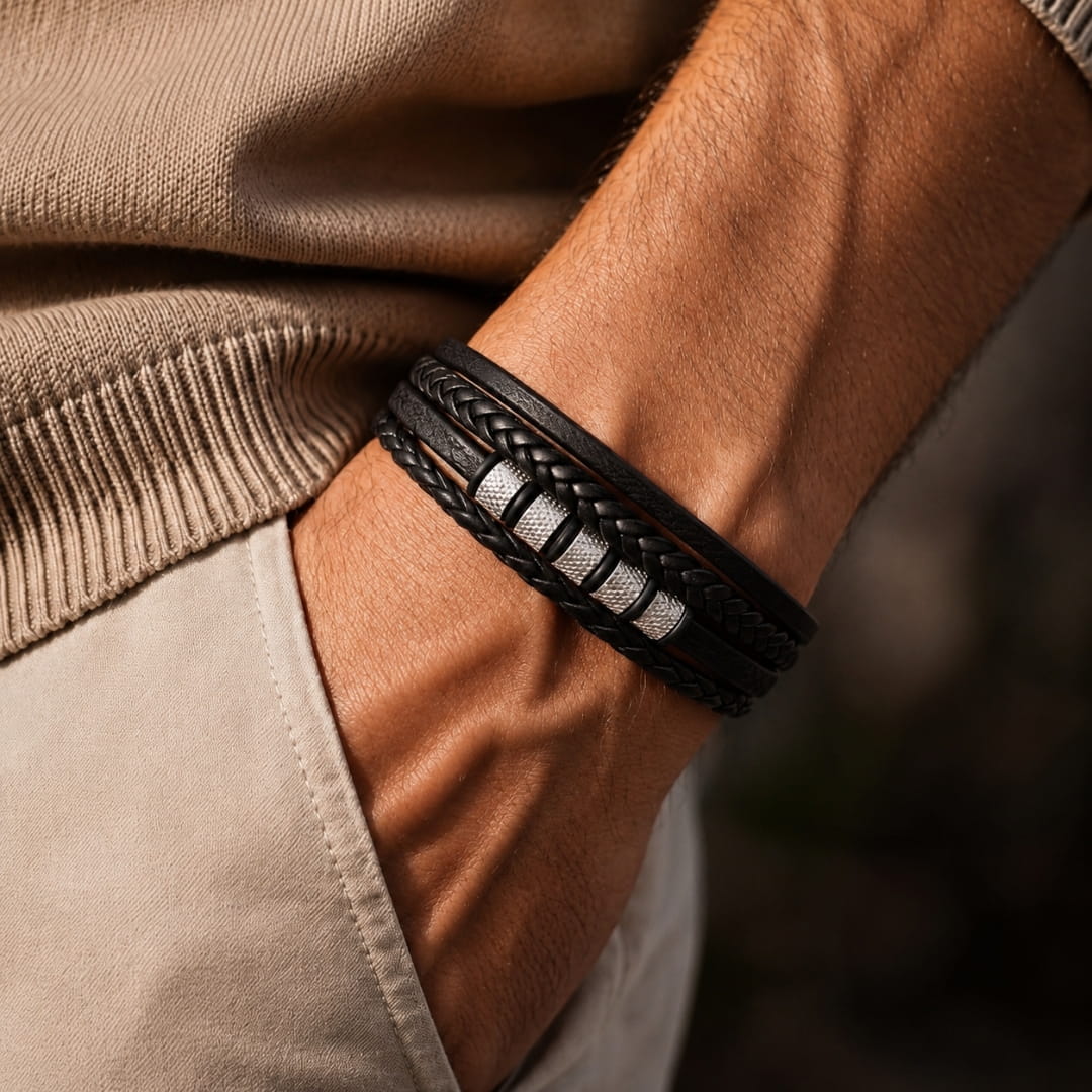 THE MEN THING Leather Bracelet SILVER MATRIX BLACK - 14mm Genuine Leather Bracelet with Stainless Steel Magnetic Buckle for Men & Boys (8 inch)