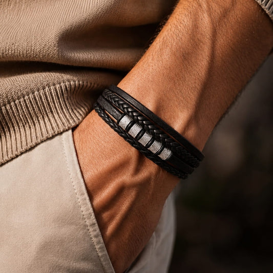 THE MEN THING Leather Bracelet SILVER MATRIX BLACK - 14mm Genuine Leather Bracelet with Stainless Steel Magnetic Buckle for Men & Boys (8 inch)