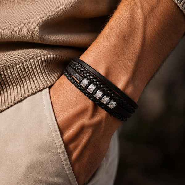 SILVER MATRIX BLACK - 14mm Genuine Leather Bracelet with Stainless Steel Magnetic Buckle for Men & Boys (8 inch)