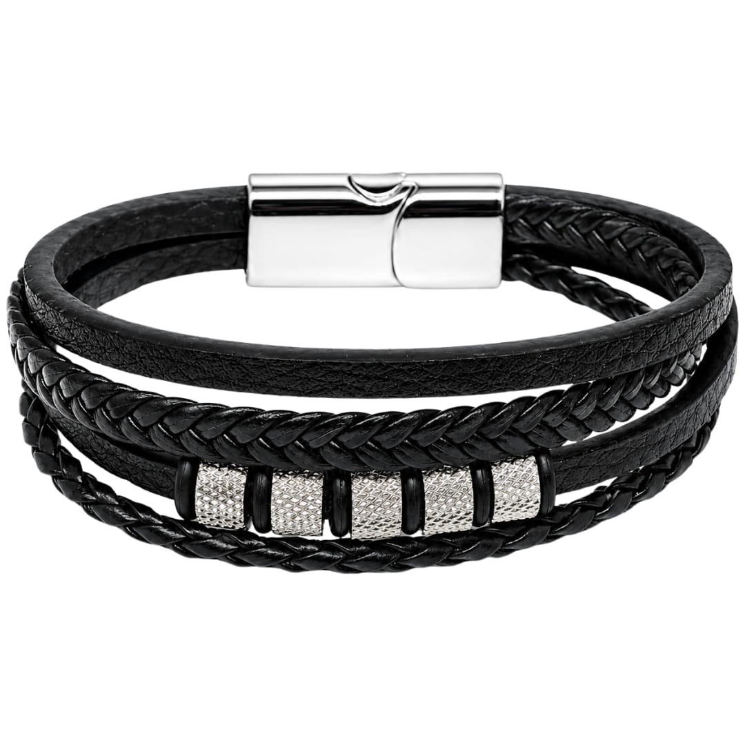 THE MEN THING Leather Bracelet SILVER MATRIX BLACK - 14mm Genuine Leather Bracelet with Stainless Steel Magnetic Buckle for Men & Boys (8 inch)
