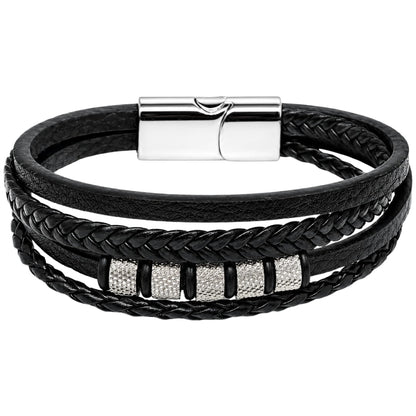 THE MEN THING Leather Bracelet SILVER MATRIX BLACK - 14mm Genuine Leather Bracelet with Stainless Steel Magnetic Buckle for Men & Boys (8 inch)