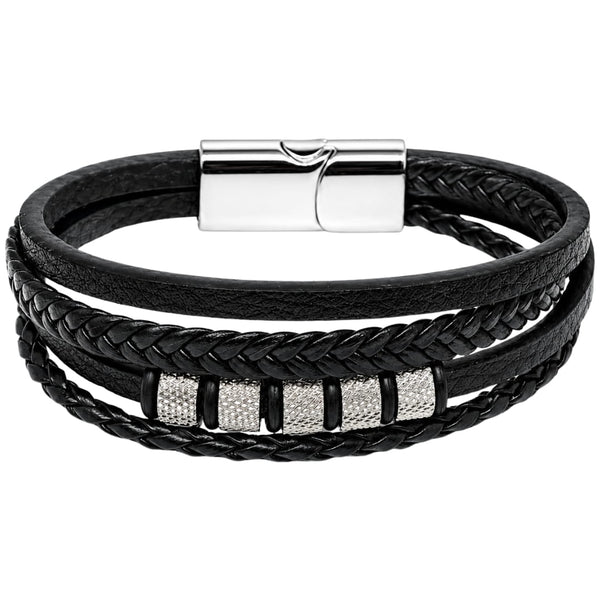 SILVER MATRIX BLACK - 14mm Genuine Leather Bracelet with Stainless Steel Magnetic Buckle for Men & Boys (8 inch)