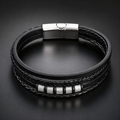 THE MEN THING Leather Bracelet SILVER MATRIX BLACK - 14mm Genuine Leather Bracelet with Stainless Steel Magnetic Buckle for Men & Boys (8 inch)