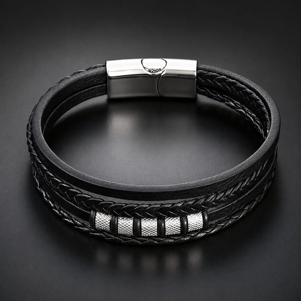 SILVER MATRIX BLACK - 14mm Genuine Leather Bracelet with Stainless Steel Magnetic Buckle for Men & Boys (8 inch)