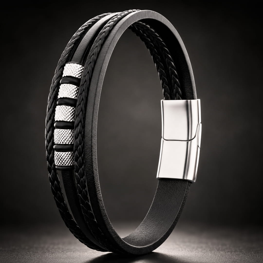THE MEN THING Leather Bracelet SILVER MATRIX BLACK - 14mm Genuine Leather Bracelet with Stainless Steel Magnetic Buckle for Men & Boys (8 inch)