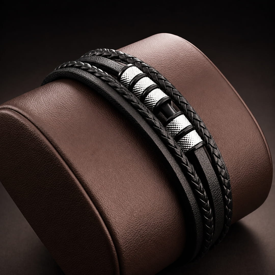 THE MEN THING Leather Bracelet SILVER MATRIX BLACK - 14mm Genuine Leather Bracelet with Stainless Steel Magnetic Buckle for Men & Boys (8 inch)