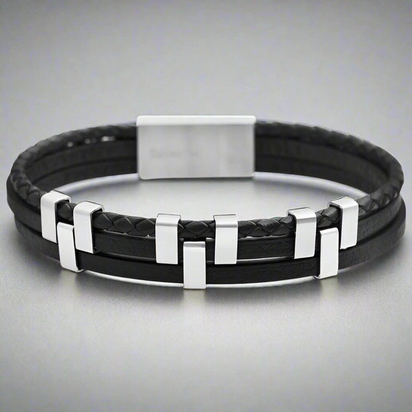 SINEW BLACK - पुरुषों और लड़कों के लिए स्टेनलेस स्टील ओपन बॉक्स क्लैप्स के साथ असली लेदर मल्टी-लेयर ब्रेडेड ब्रेसलेट (8 इंच)