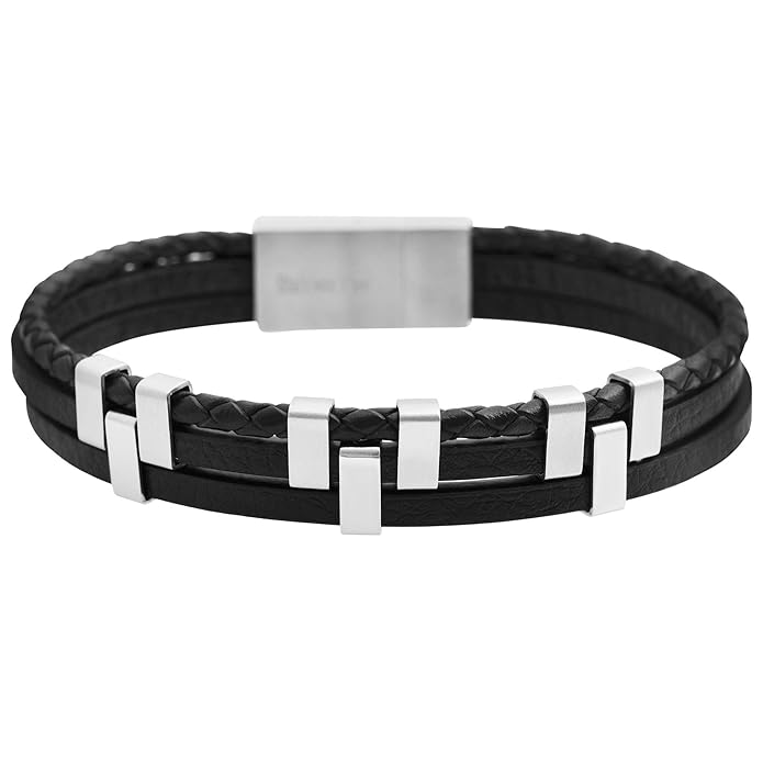 THE MEN THING Leather Bracelet SINEW BLACK - Genuine Leather Multi-Layer Braided Bracelet with Stainless Steel Open Box Clasps for Men & Boys (8 inch)