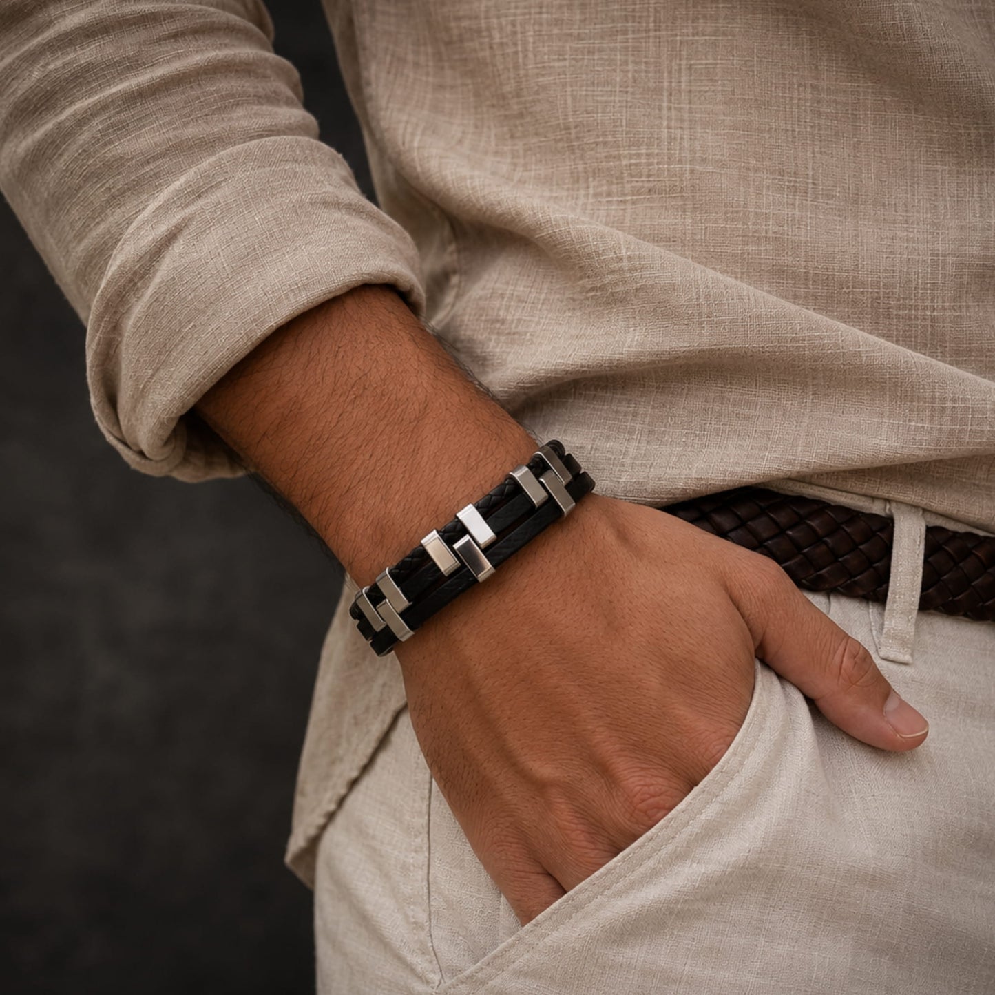 THE MEN THING Leather Bracelet SINEW BLACK - Genuine Leather Multi-Layer Braided Bracelet with Stainless Steel Open Box Clasps for Men & Boys (8 inch)