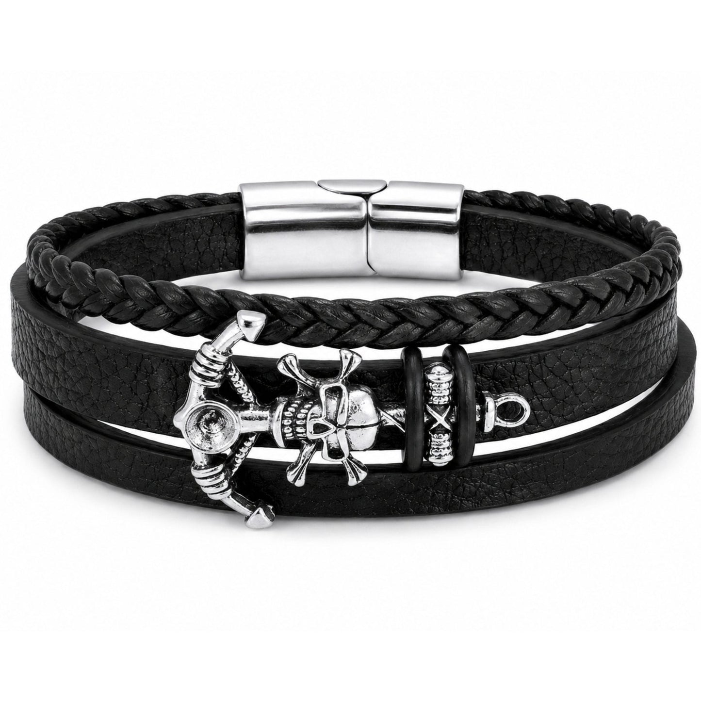 THE MEN THING Leather Bracelet SKULL ANCHOR - Genuine Leather Multi-Layer Bracelet with Stainless Steel Magnetic Buckle for Men & Boys (8 inch)