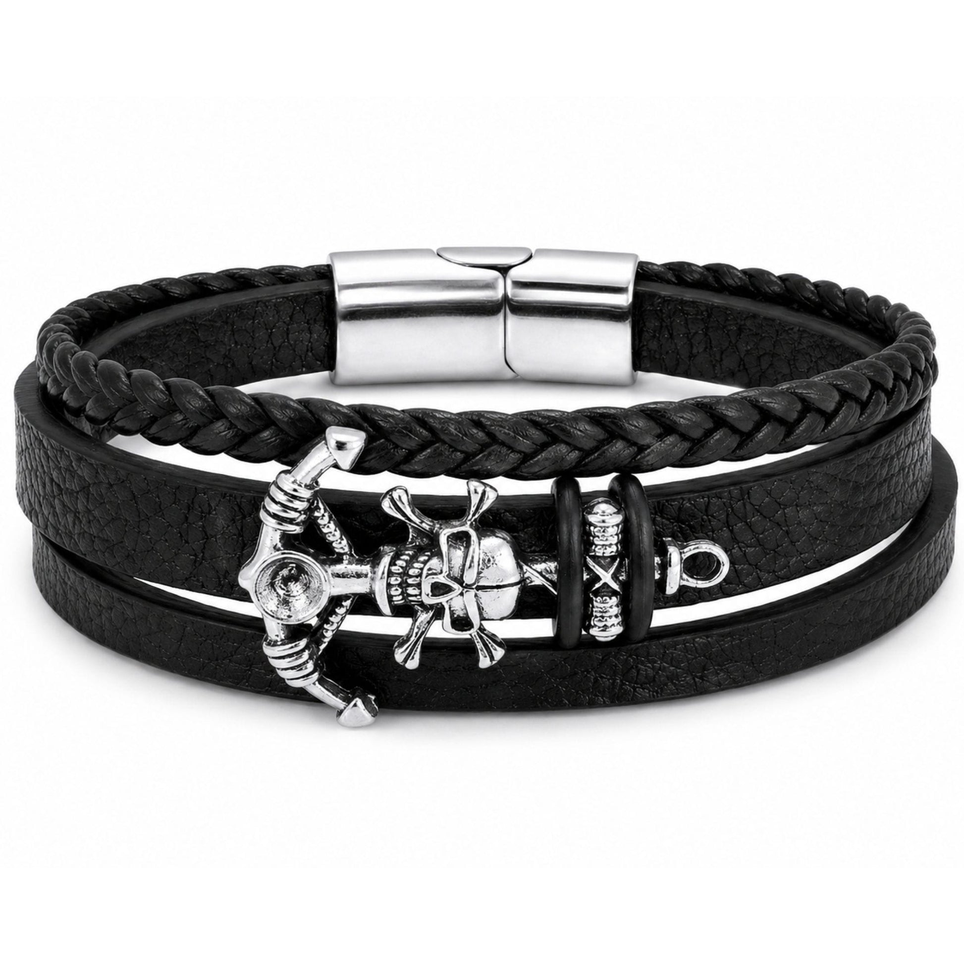 THE MEN THING Leather Bracelet SKULL ANCHOR - Genuine Leather Multi-Layer Bracelet with Stainless Steel Magnetic Buckle for Men & Boys (8 inch)