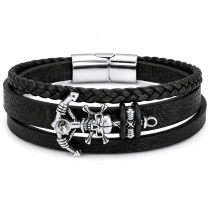 THE MEN THING Leather Bracelet SKULL ANCHOR - Genuine Leather Multi-Layer Bracelet with Stainless Steel Magnetic Buckle for Men & Boys (8 inch)