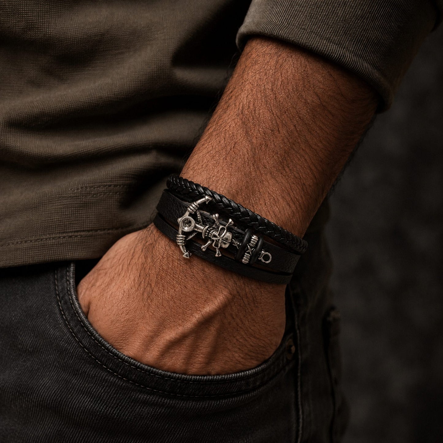 THE MEN THING Leather Bracelet SKULL ANCHOR - Genuine Leather Multi-Layer Bracelet with Stainless Steel Magnetic Buckle for Men & Boys (8 inch)
