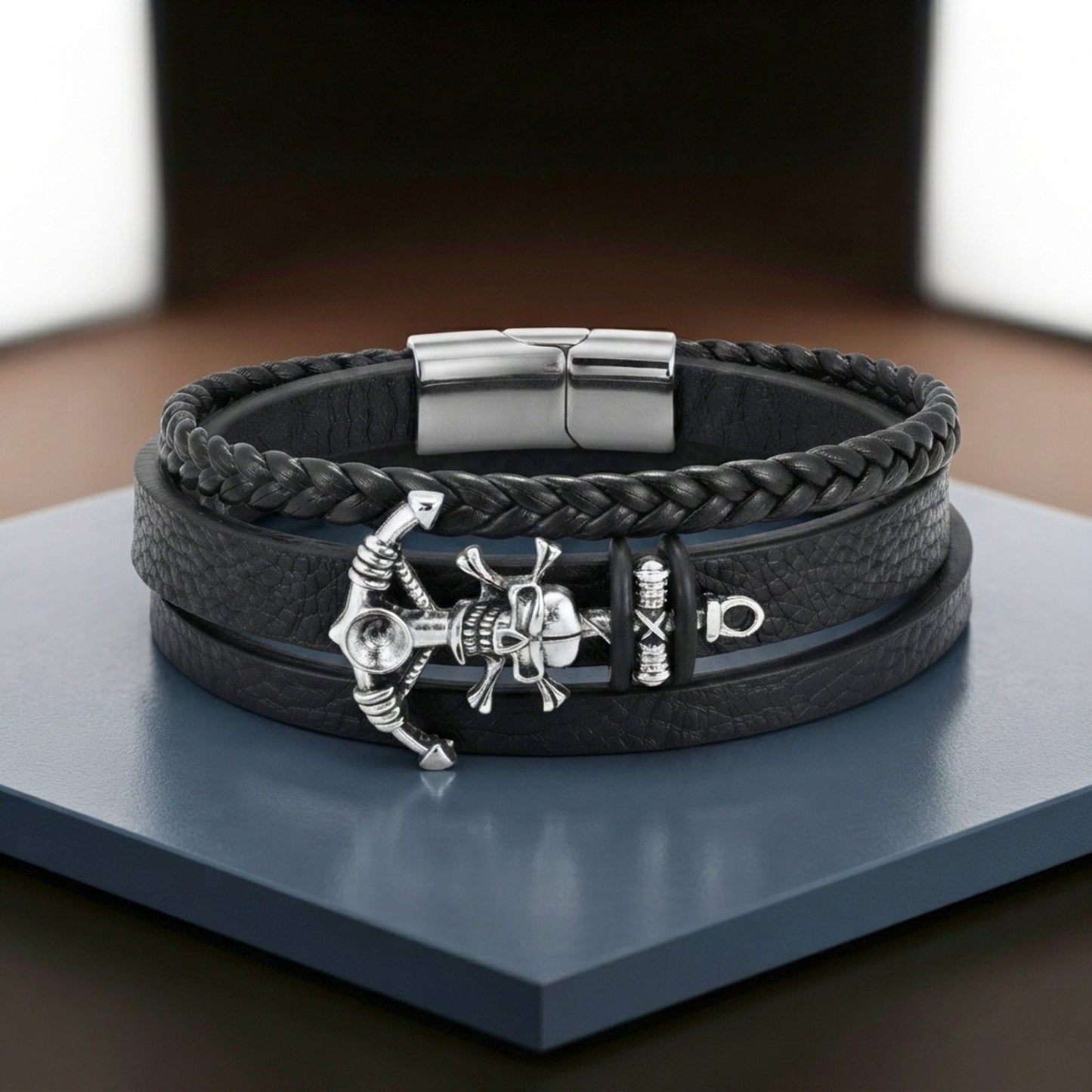 THE MEN THING Leather Bracelet SKULL ANCHOR - Genuine Leather Multi-Layer Bracelet with Stainless Steel Magnetic Buckle for Men & Boys (8 inch)