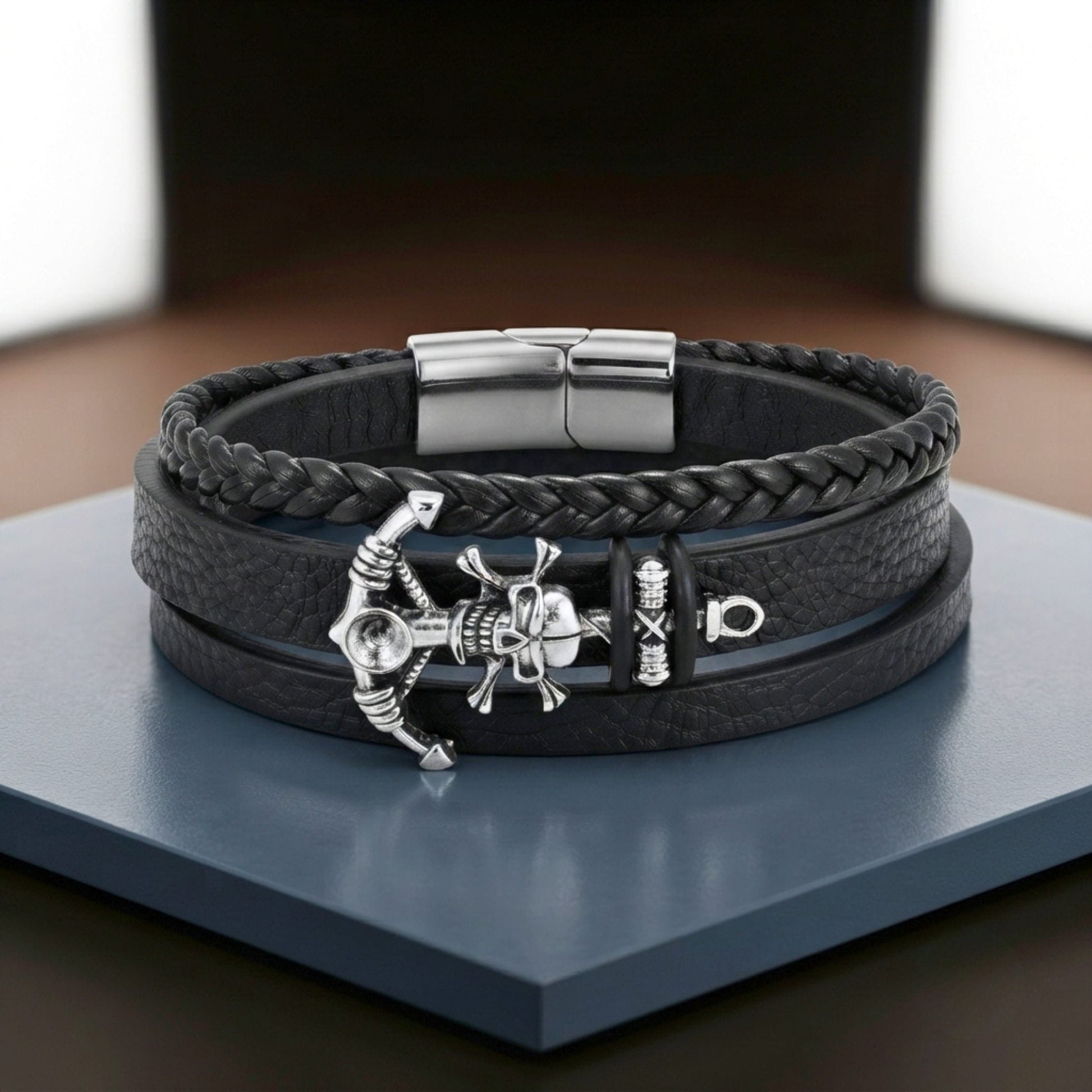 THE MEN THING Leather Bracelet SKULL ANCHOR - Genuine Leather Multi-Layer Bracelet with Stainless Steel Magnetic Buckle for Men & Boys (8 inch)