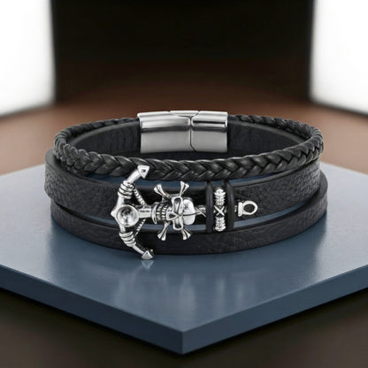 THE MEN THING Leather Bracelet SKULL ANCHOR - Genuine Leather Multi-Layer Bracelet with Stainless Steel Magnetic Buckle for Men & Boys (8 inch)