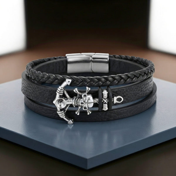 SKULL ANCHOR - Genuine Leather Multi-Layer Bracelet with Stainless Steel Magnetic Buckle for Men & Boys (8 inch)