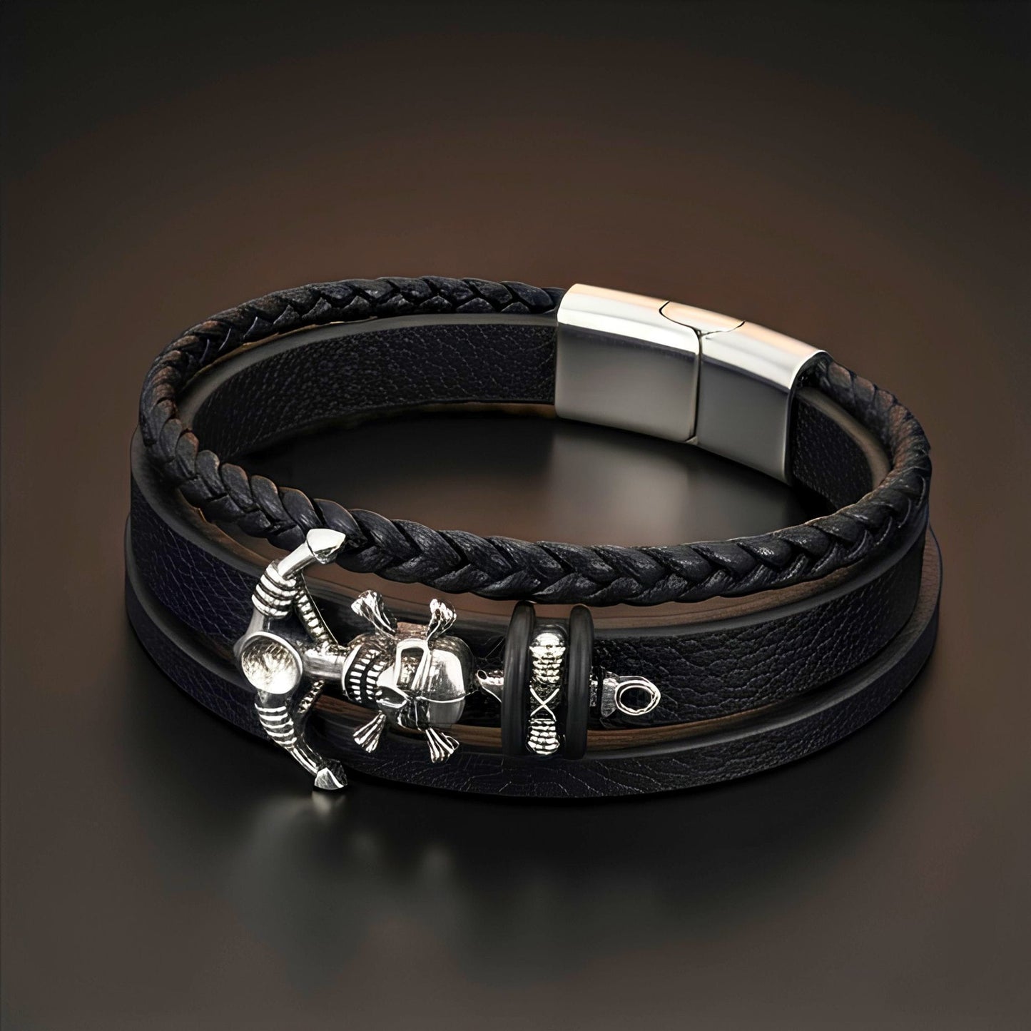 THE MEN THING Leather Bracelet SKULL ANCHOR - Genuine Leather Multi-Layer Bracelet with Stainless Steel Magnetic Buckle for Men & Boys (8 inch)