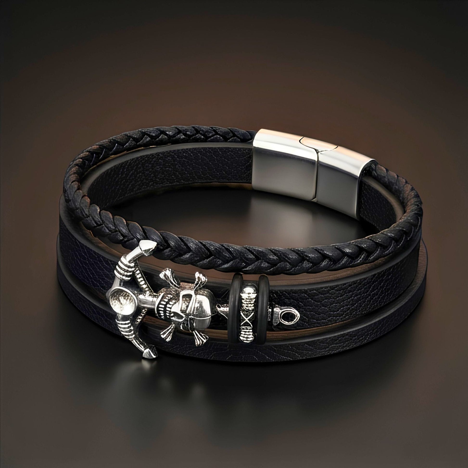 THE MEN THING Leather Bracelet SKULL ANCHOR - Genuine Leather Multi-Layer Bracelet with Stainless Steel Magnetic Buckle for Men & Boys (8 inch)