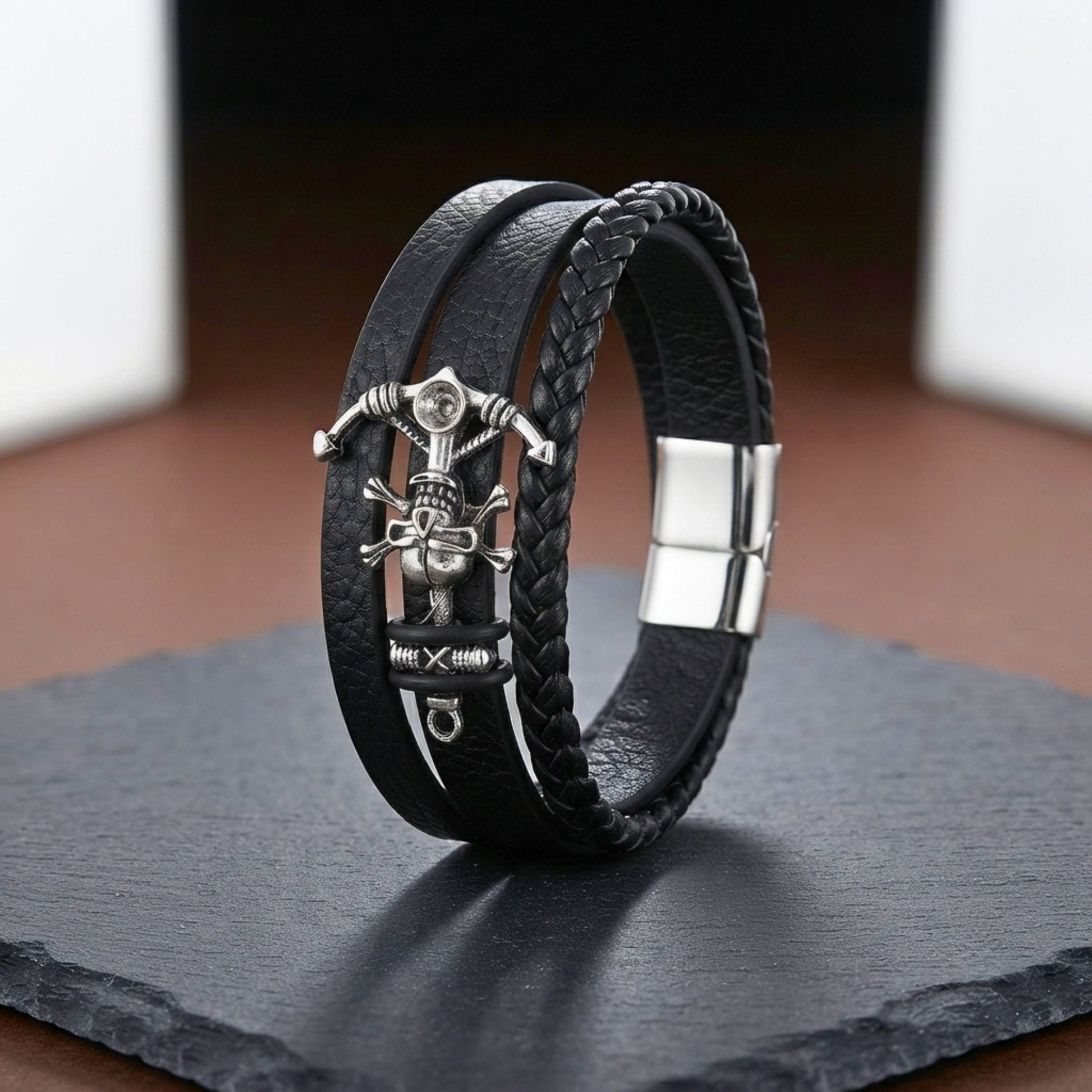 THE MEN THING Leather Bracelet SKULL ANCHOR - Genuine Leather Multi-Layer Bracelet with Stainless Steel Magnetic Buckle for Men & Boys (8 inch)