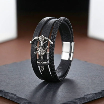 THE MEN THING Leather Bracelet SKULL ANCHOR - Genuine Leather Multi-Layer Bracelet with Stainless Steel Magnetic Buckle for Men & Boys (8 inch)