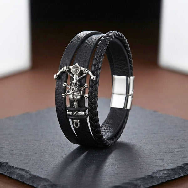 SKULL ANCHOR - Genuine Leather Multi-Layer Bracelet with Stainless Steel Magnetic Buckle for Men & Boys (8 inch)