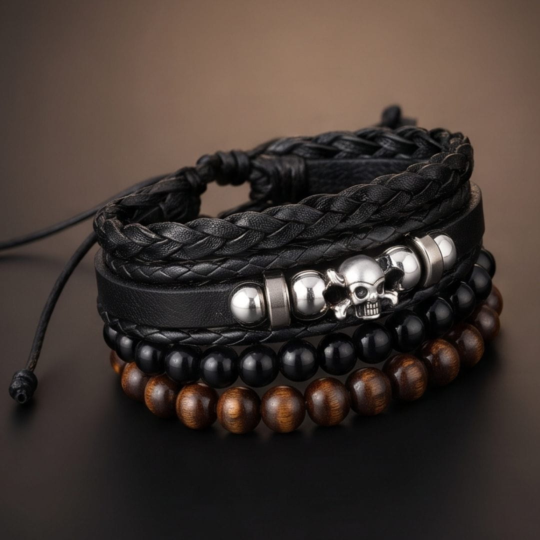 THE MEN THING Leather Bracelet SKULL BEAD STACK BLACK - 4 Pcs Genuine Leather Adjustable Bracelet for Men & Boys