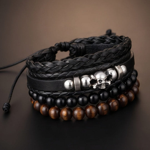 SKULL BEAD STACK BLACK - 4 Pcs Genuine Leather Adjustable Bracelet for Men & Boys