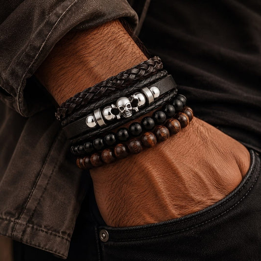 THE MEN THING Leather Bracelet SKULL BEAD STACK BLACK - 4 Pcs Genuine Leather Adjustable Bracelet for Men & Boys