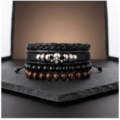 THE MEN THING Leather Bracelet SKULL BEAD STACK BLACK - 4 Pcs Genuine Leather Adjustable Bracelet for Men & Boys