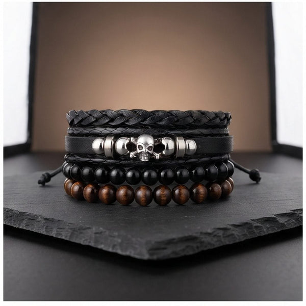 SKULL BEAD STACK BLACK - 4 Pcs Genuine Leather Adjustable Bracelet for Men & Boys