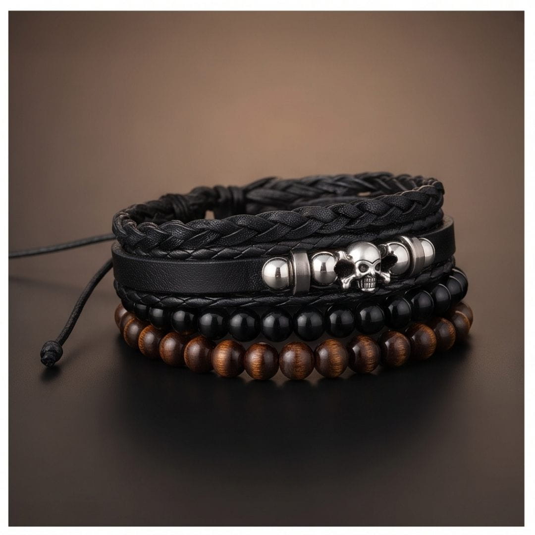 THE MEN THING Leather Bracelet SKULL BEAD STACK BLACK - 4 Pcs Genuine Leather Adjustable Bracelet for Men & Boys