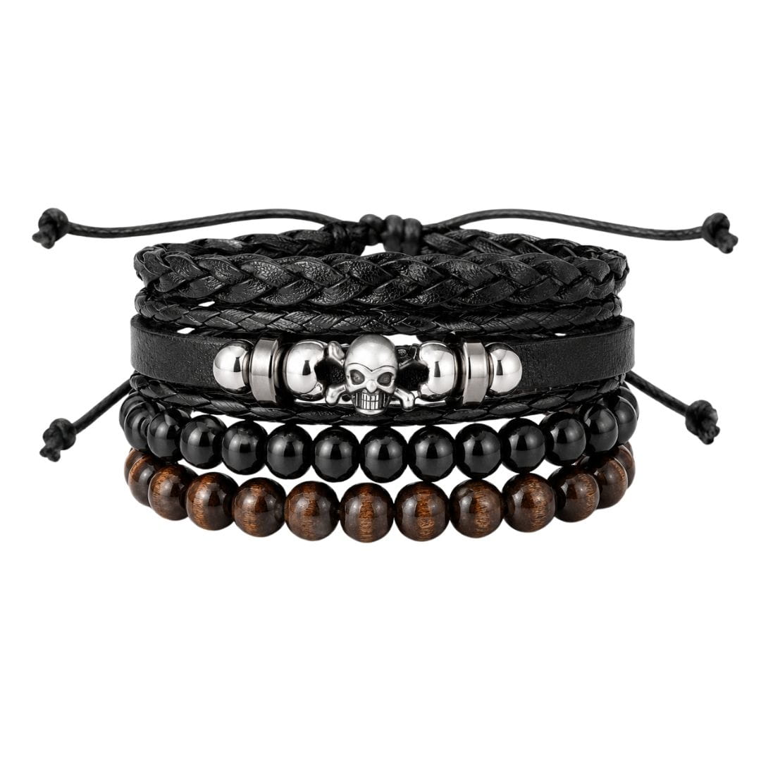 THE MEN THING Leather Bracelet SKULL BEAD STACK BLACK - 4 Pcs Genuine Leather Adjustable Bracelet for Men & Boys