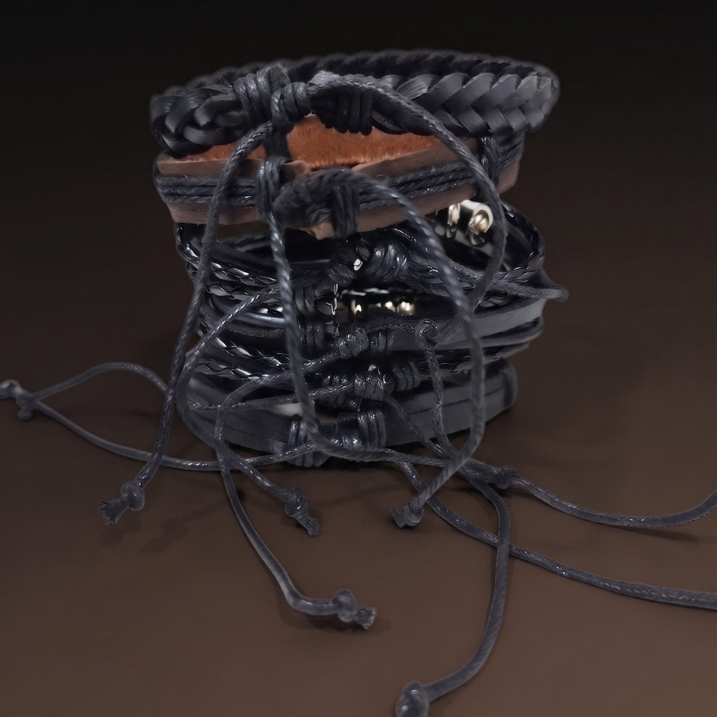 THE MEN THING Leather Bracelet SKULL FISH STACK - 6 Pcs Genuine Leather Adjustable Bracelet for Men & Boys
